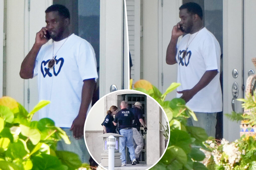 Sean ‘Diddy’ Combs appears stressed during phone call outside his Miami mansion after fed raid